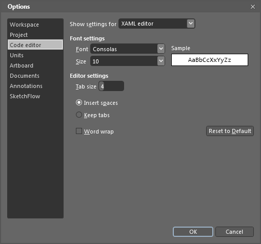 Expression Blend indent settings