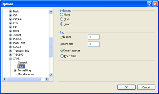 Visual Studio indent settings